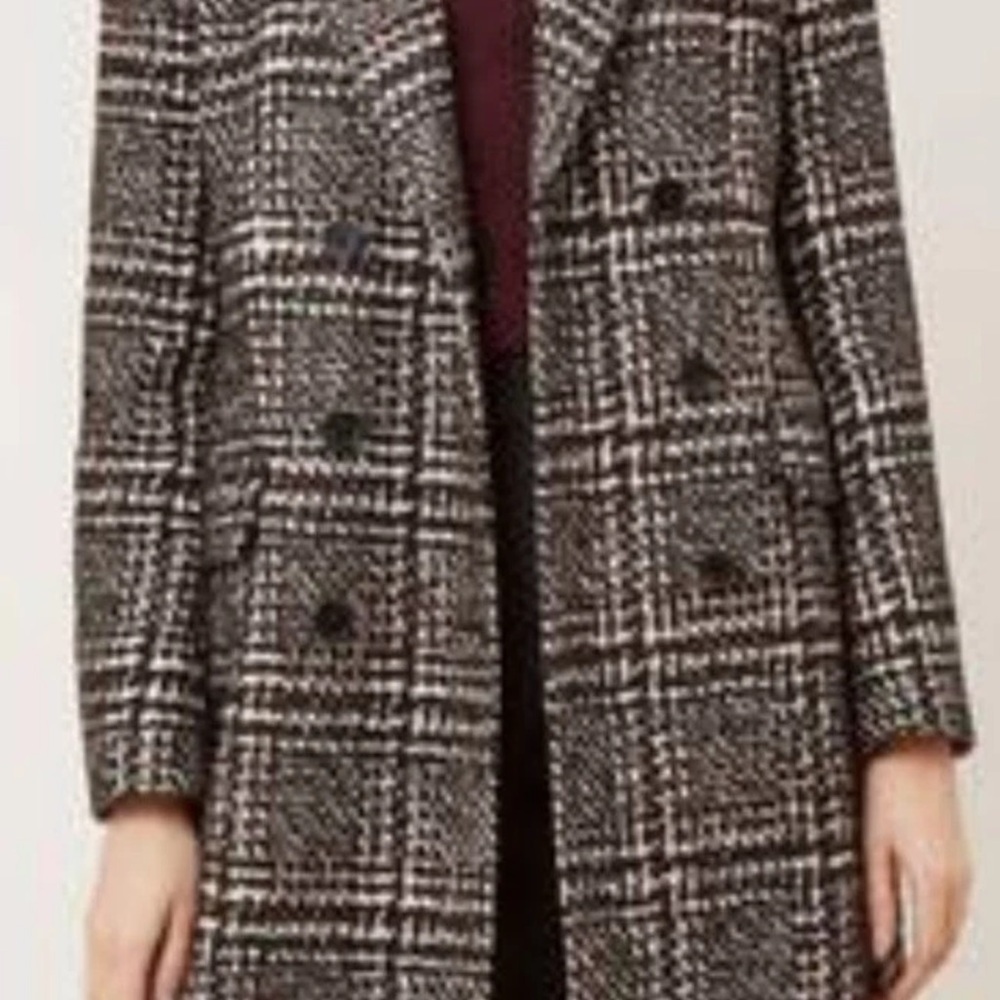 Black and White Wool Blend Pea Coat with Plaid Design - Picture 4 of 4